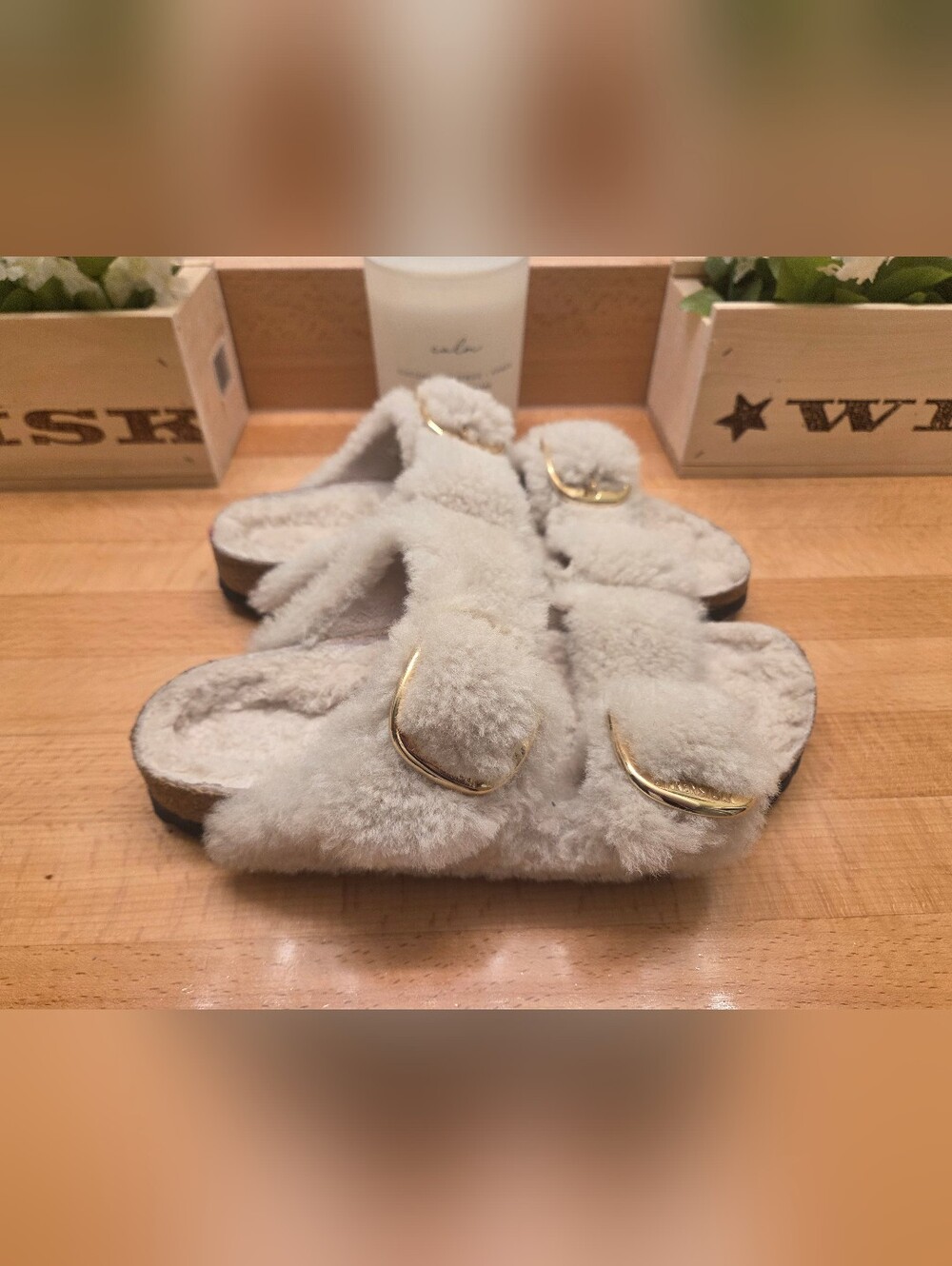 Birkenstock Arizona Big Buckle Teddy Shearling Sandals Eggshell Womens Sz 41